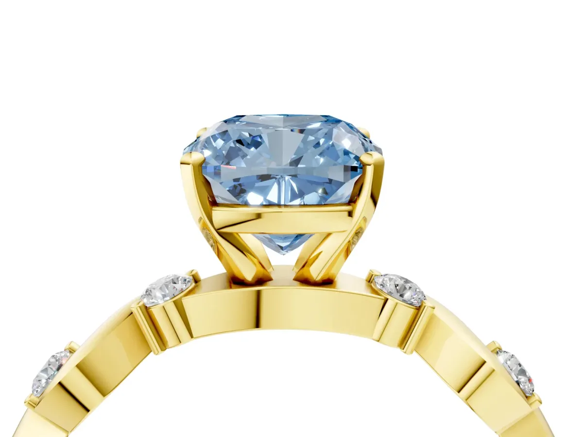 Fancy Blue Cushion Cut Diamond Solitaire Twisted Band with Round Accents and Prong Setting Yellow gold