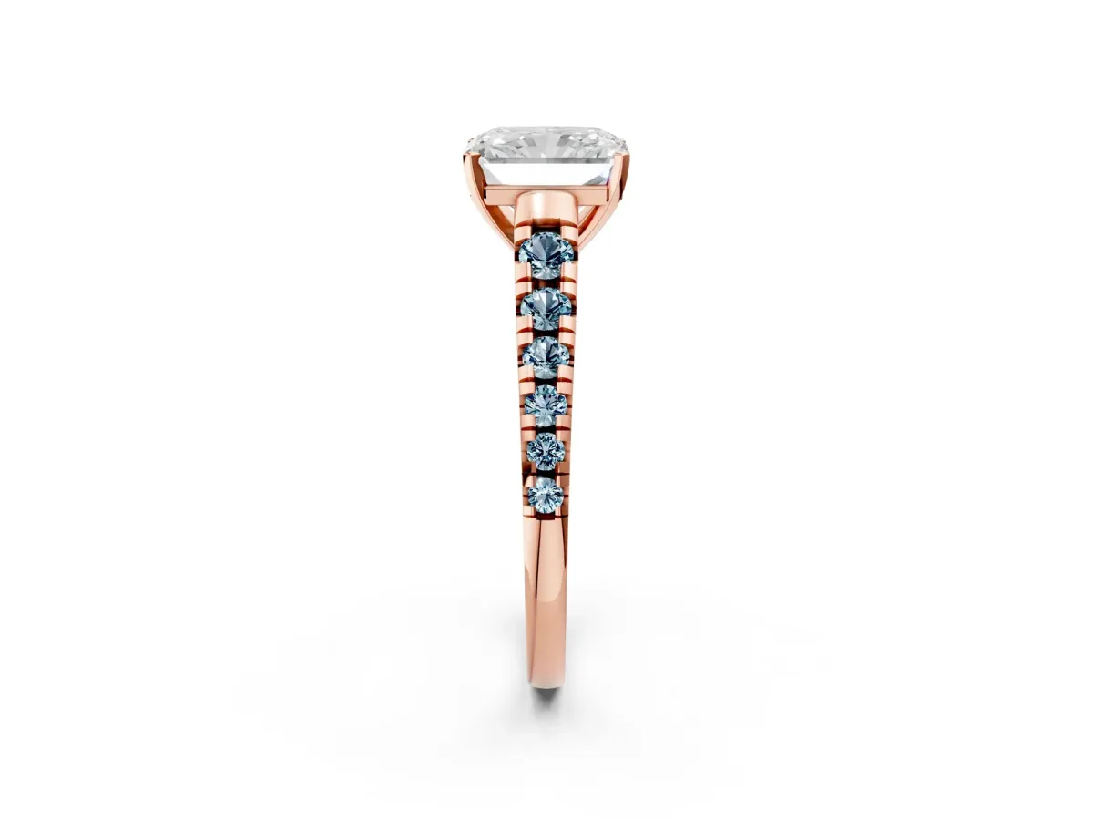 Radiant Cut Diamond Cathedral Solitaire Ring with Round Aquamarine Pavé Band Rose gold