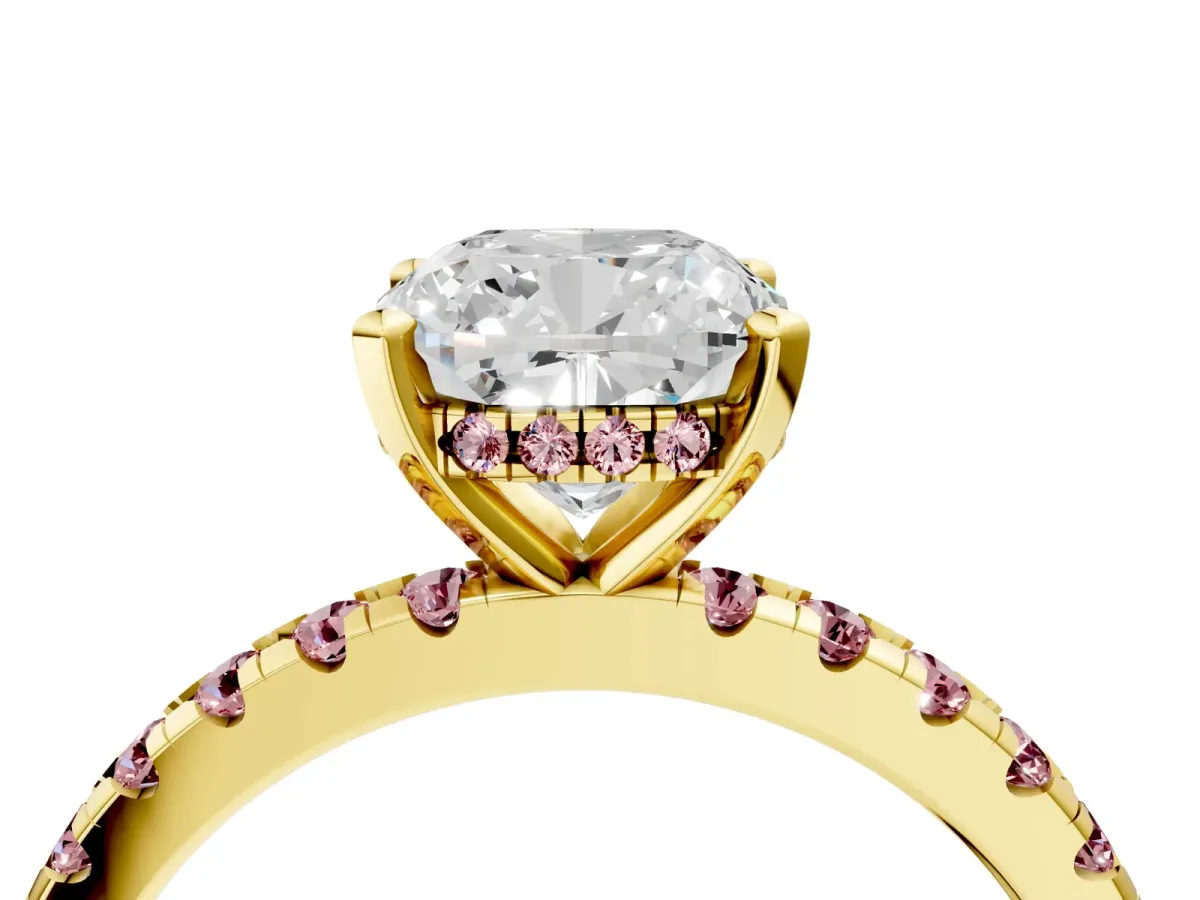 Cushion Cut Diamond Solitaire Ring with Round Morganite Pavé Band and Four-Prong Setting Yellow gold