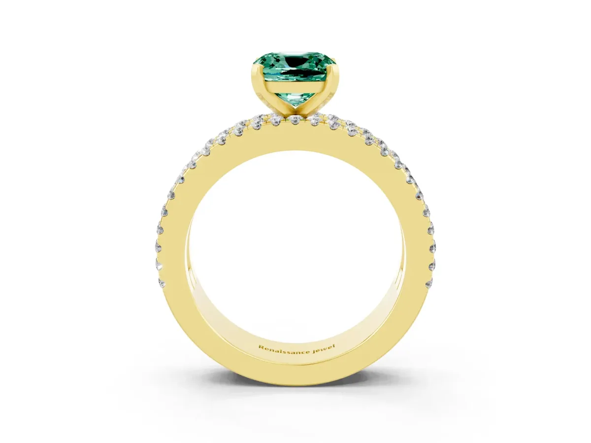 Cushion Cut Green Sapphire Solitaire Ring with Pavé and Channel Set Band Yellow gold