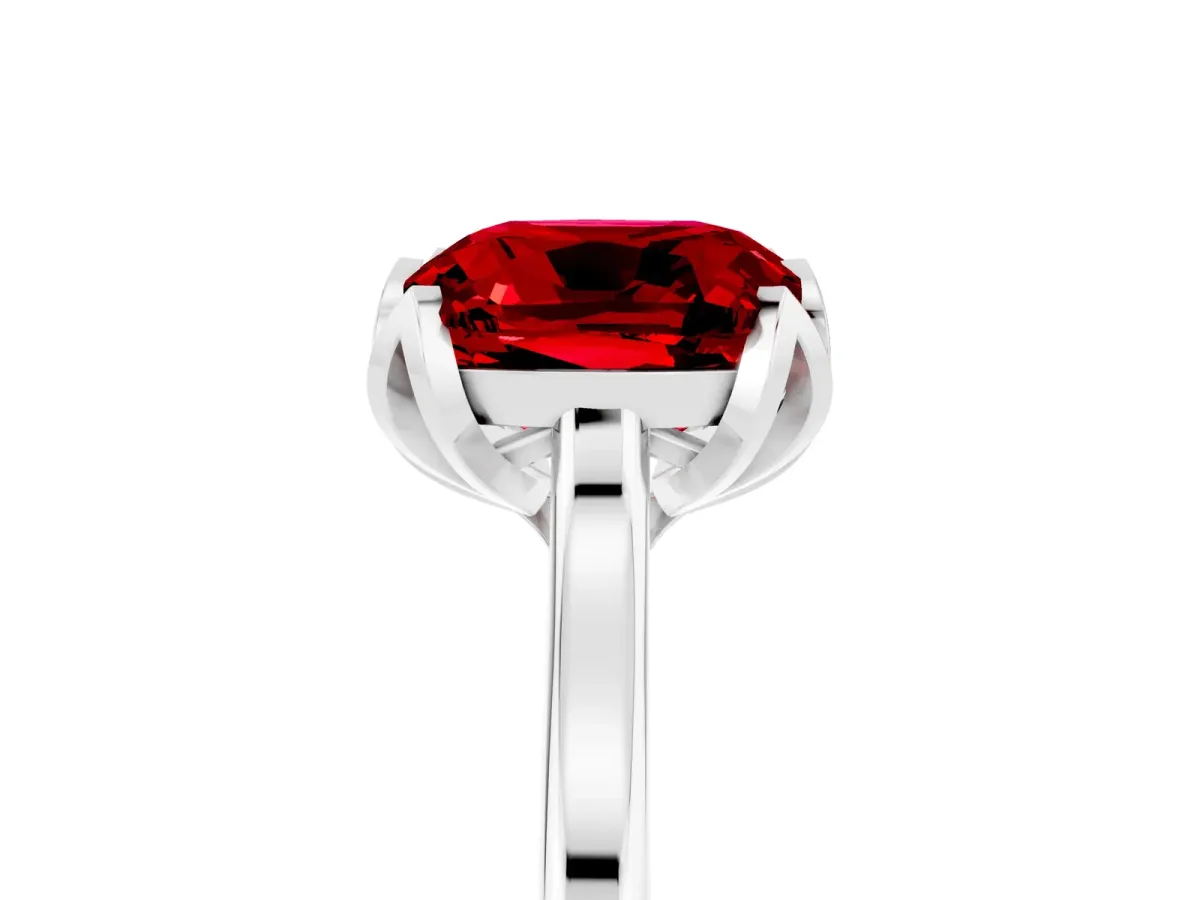 Cushion Cut Ruby Solitaire Ring with Flower Prong Setting and Classic Band White gold