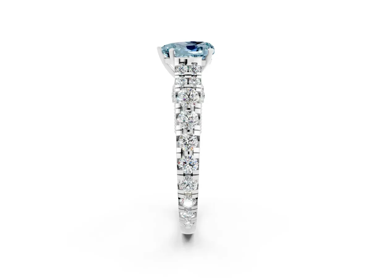 Heart Cut Aquamarine Classic Solitaire Ring with Pavé Band and Four-Prong Setting White gold