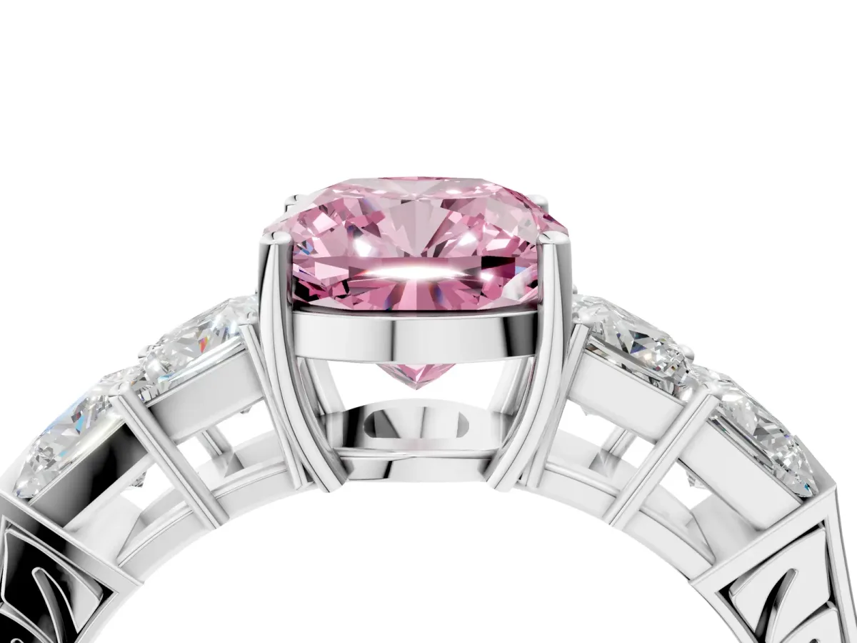 Fancy Pink Cushion Cut Solitaire Princess Side Stone Engraved Band Prong Setting Ring Platinum