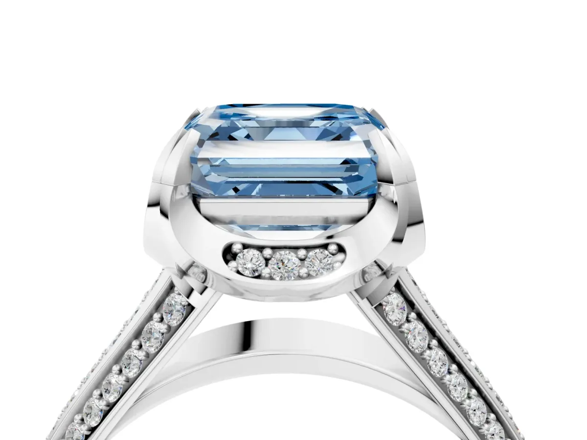 Fancy Blue Asscher Cut Solitaire Pave Split Shank Ring with Four-Prong Setting Platinum
