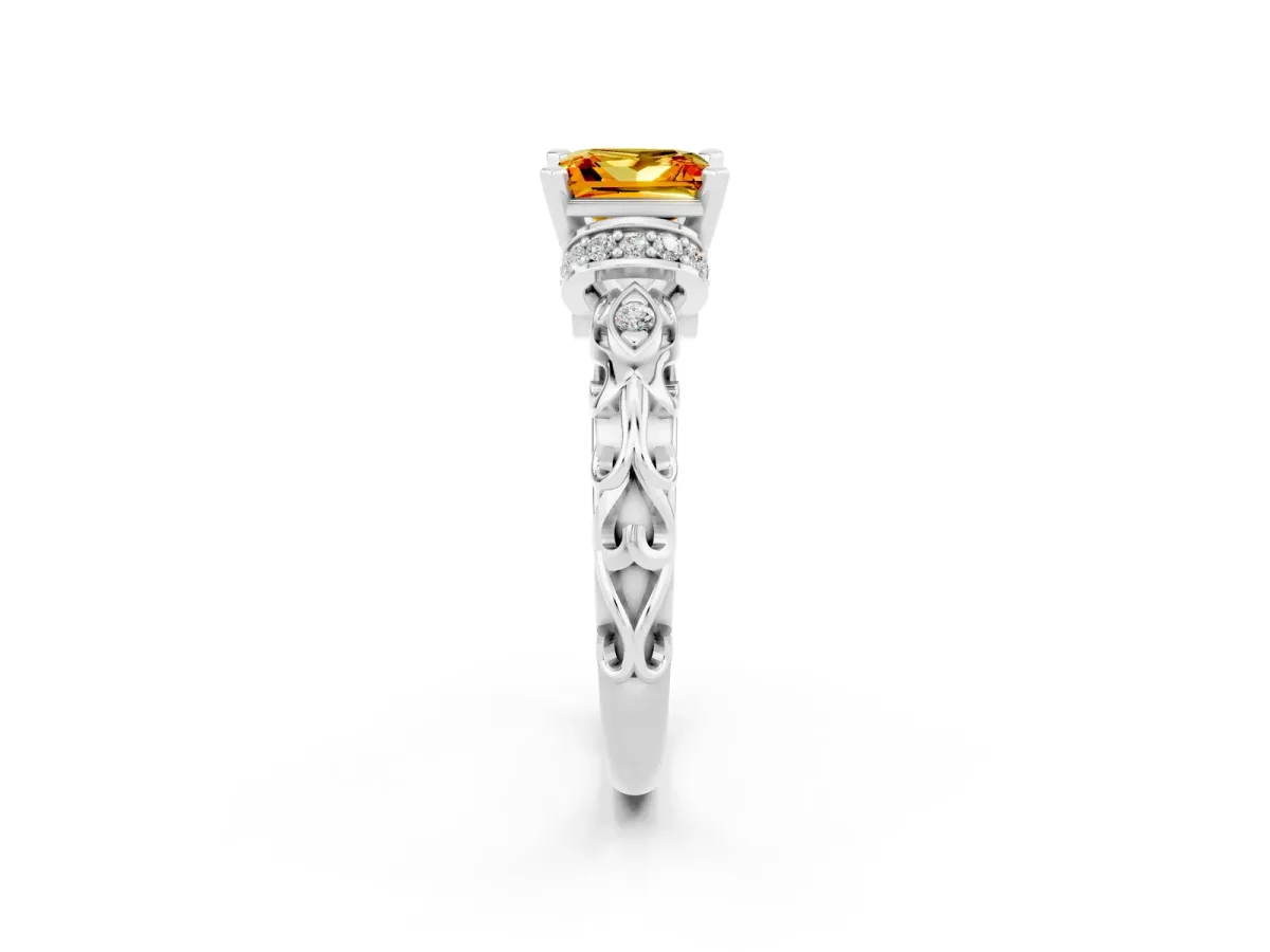 Princess Cut Citrine Solitaire Ring with Filigree Band and Four-Prong Setting Silver