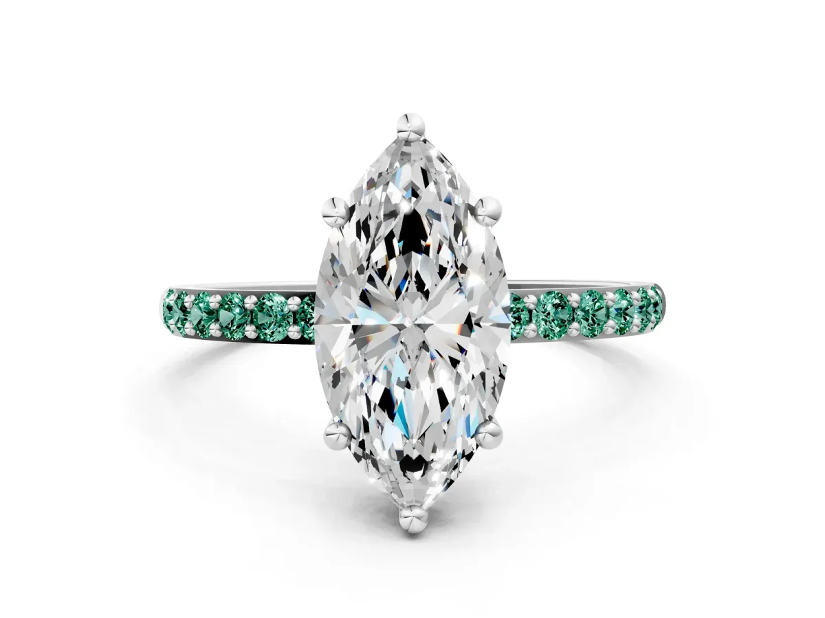 Marquise Cut Diamond Solitaire Ring with Round Green Sapphire Pavé Band and Prong Setting White gold