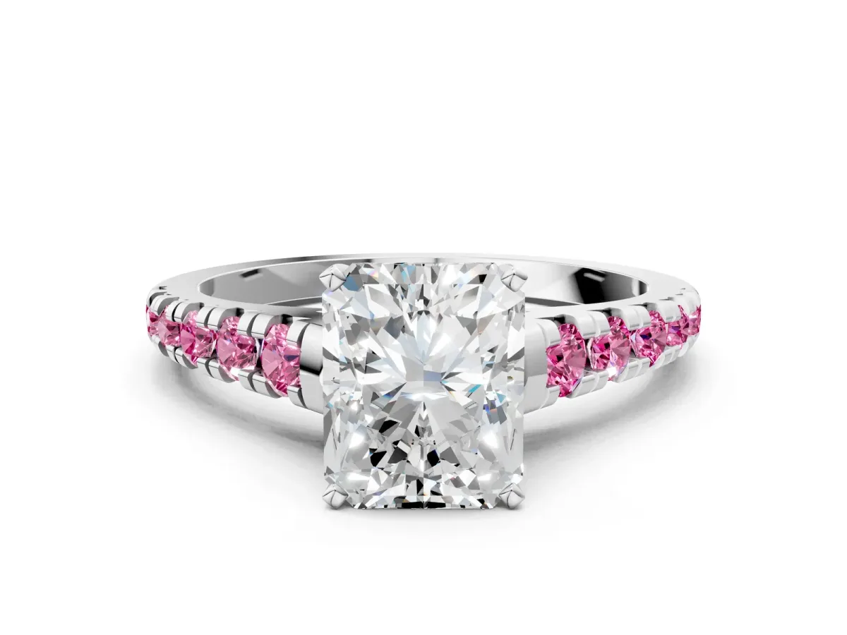 Radiant Cut Diamond Cathedral Solitaire Ring with Round Pink Sapphire Pavé Band White gold