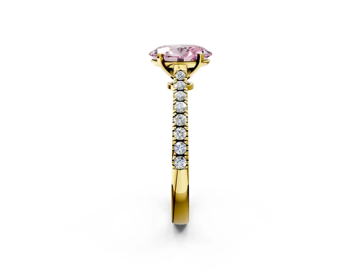 Fancy Pink Oval Cut Cut Solitaire Diamond Engagement Ring with Pave Band and Four-Prong Setting Yellow gold