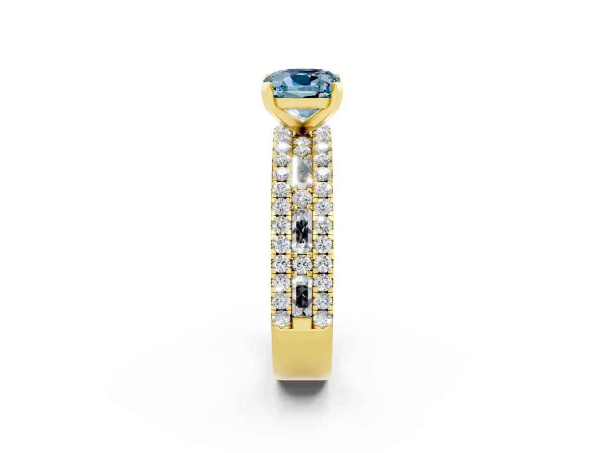 Cushion Cut Aquamarine Solitaire Ring with Pavé and Channel Set Band Yellow gold