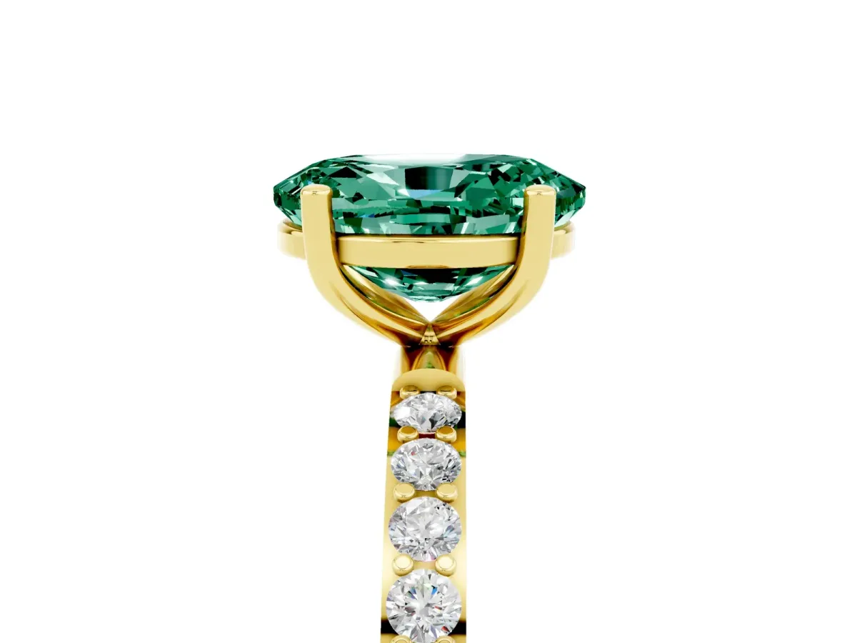 Oval Cut Green Sapphire Solitaire Ring with Round Pavé Band and Prong Setting Yellow gold