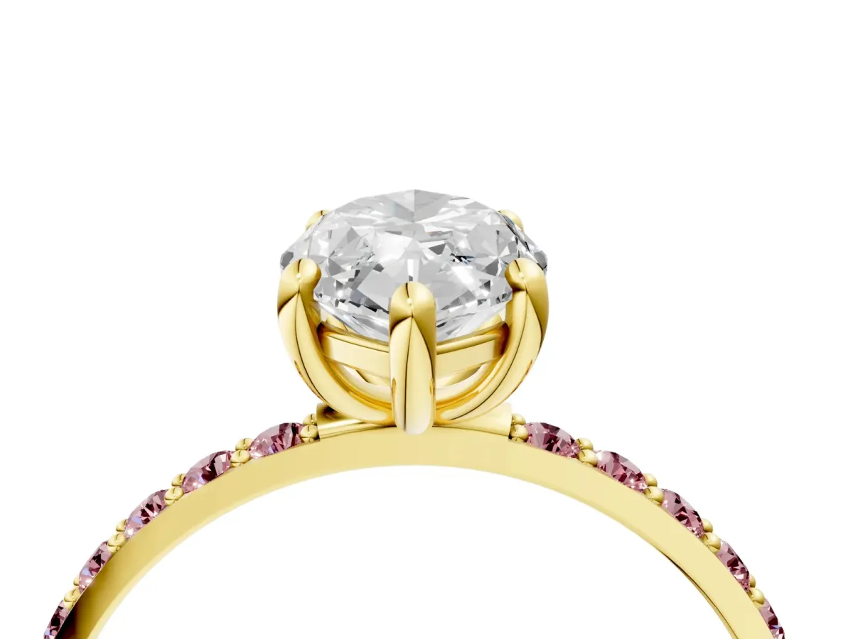 Marquise Cut Diamond Solitaire Ring with Round Morganite Pavé Band and Prong Setting Yellow gold