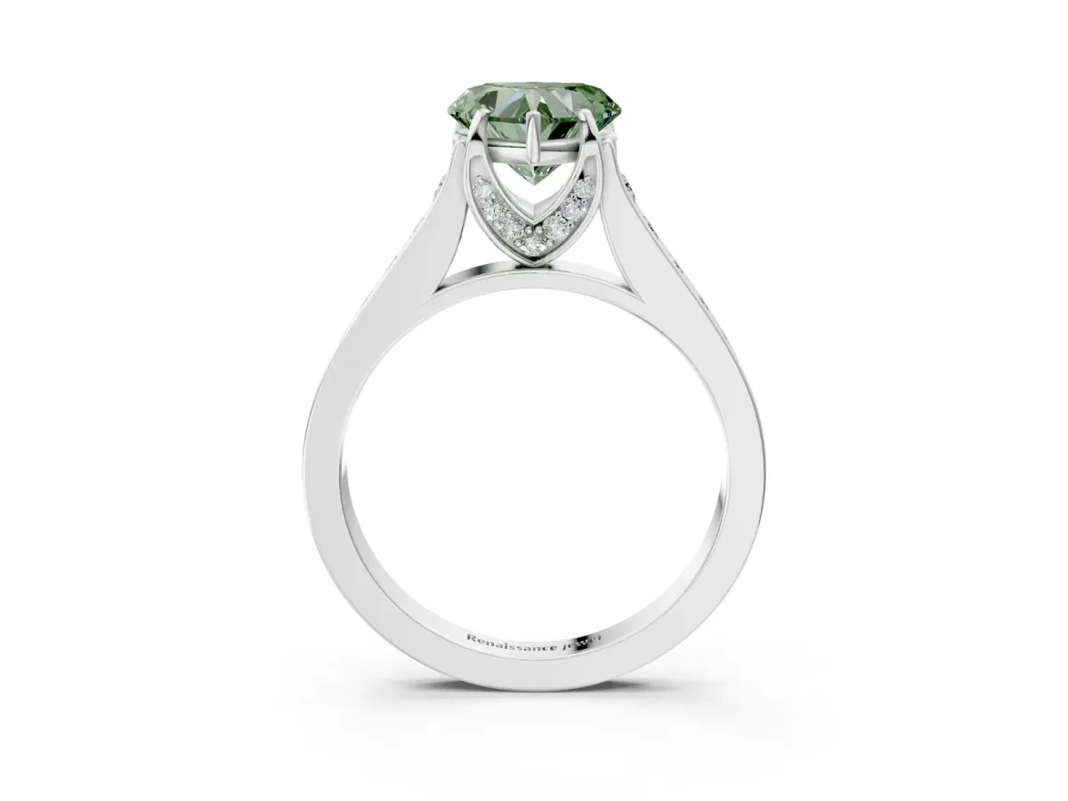 Fancy Green Heart Cut Brilliant Cut Diamond Engagement Ring with Pavé Band and Four-Prong Setting Platinum