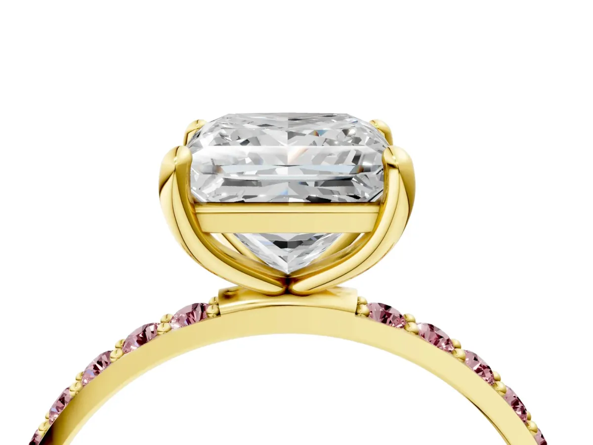 Princess Cut Diamond Solitaire Ring with Round Morganite Pavé Band and Prong Setting Yellow gold