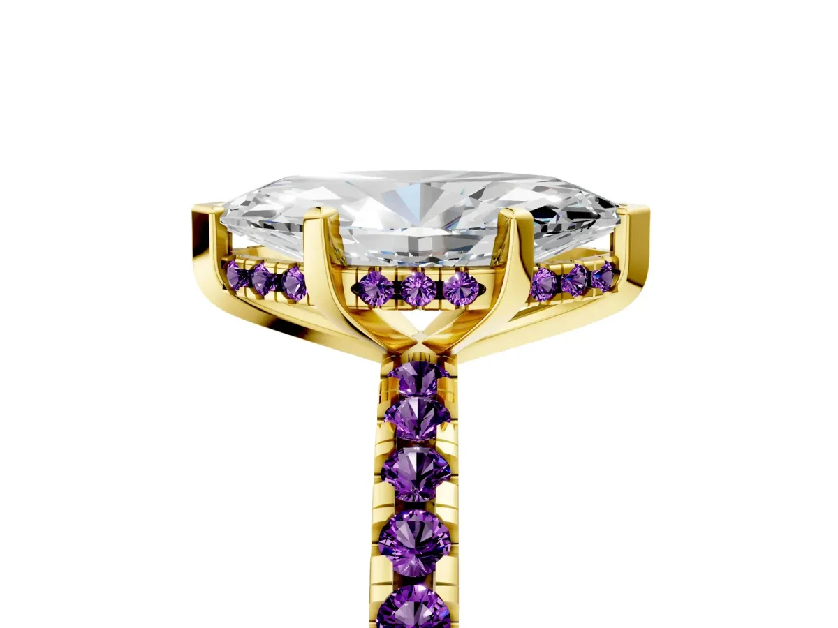 Marquise Cut Diamond Solitaire Ring with Round Amethyst Pavé Band and Four-Prong Setting Yellow gold