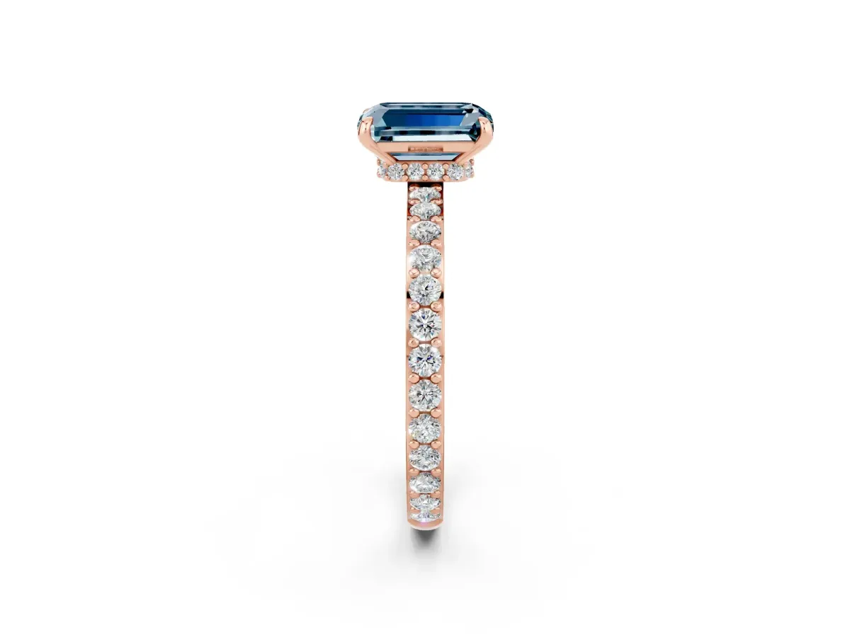 Emerald Cut Aquamarine Solitaire Engagement Ring with Pavé Band and Four-Prong Setting Rose gold