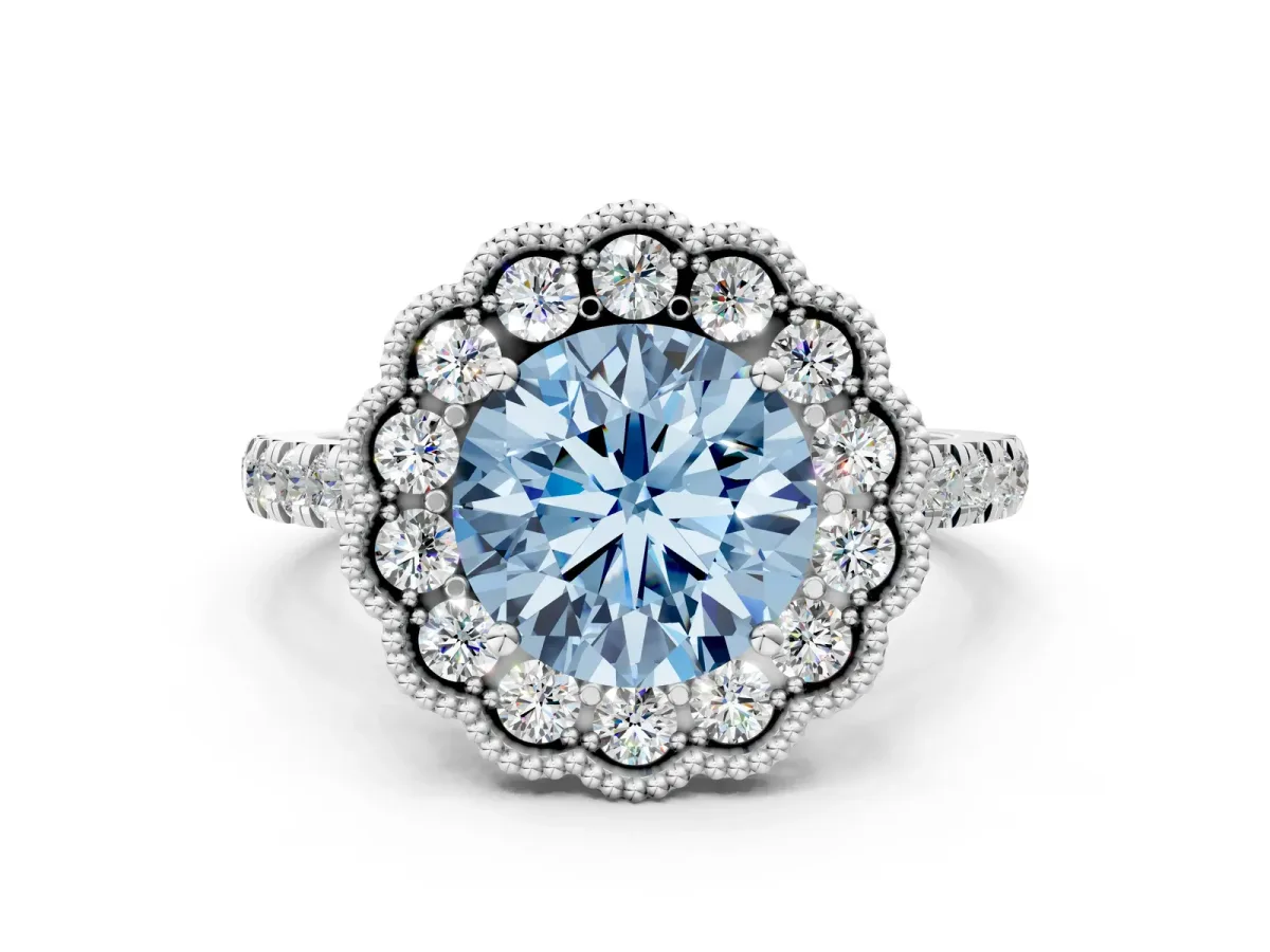 Fancy Blue Round Cut Cut Diamond Milgrain Floral Halo Engagement Ring with Pavé Band Silver