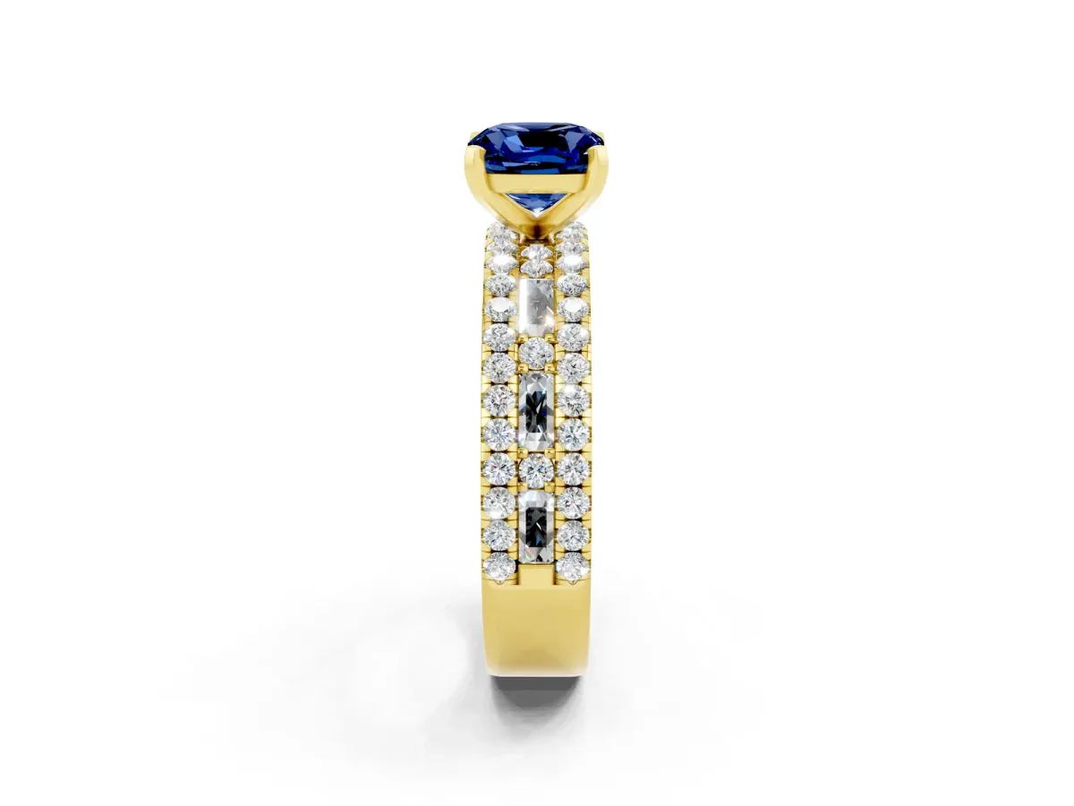 Cushion Cut Blue Sapphire Solitaire Ring with Pavé and Channel Set Band Yellow gold