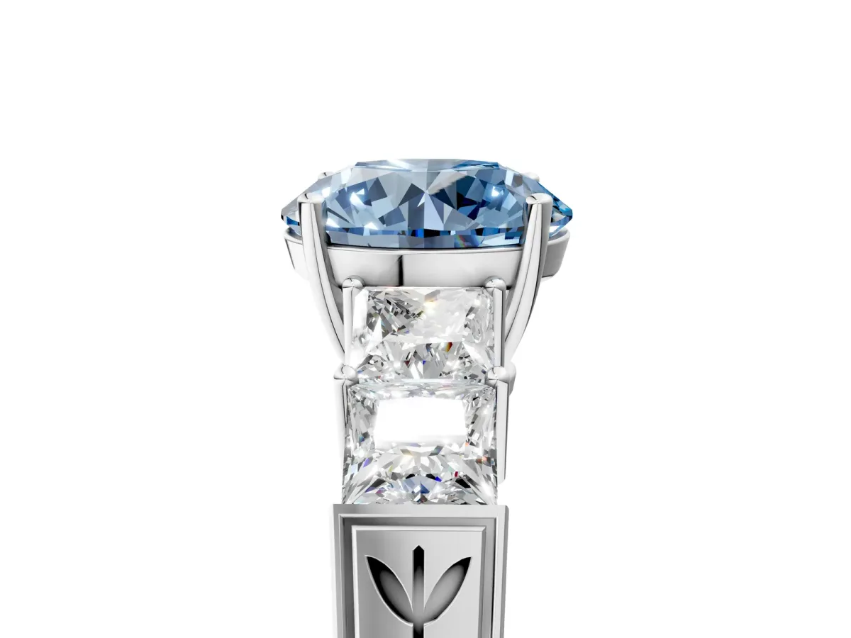 Fancy Blue Round Cut Solitaire Princess Side Stone Engraved Band Prong Setting Ring White gold