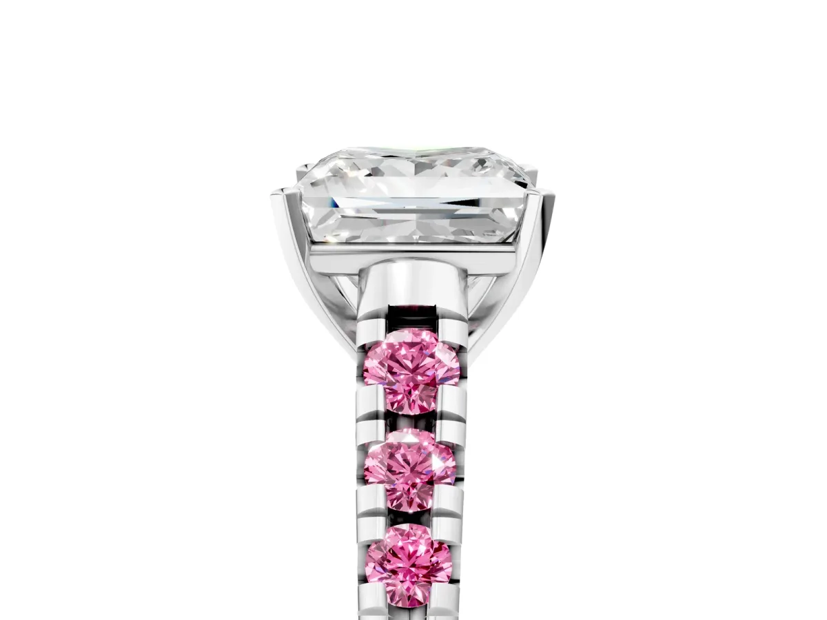 Princess Cut Diamond Cathedral Solitaire Ring with Round Pink Sapphire Pavé Band White gold
