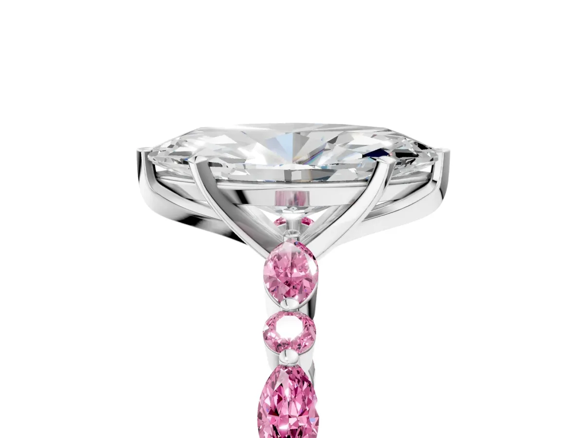 Marquise Cut Diamond Ring with Marquise and Round Pink Sapphire Side Stones and Four-Prong Setting Platinum