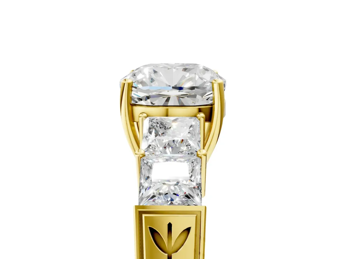 Cushion Cut Solitaire Princess Side Stone Engraved Band Prong Setting Ring Yellow gold