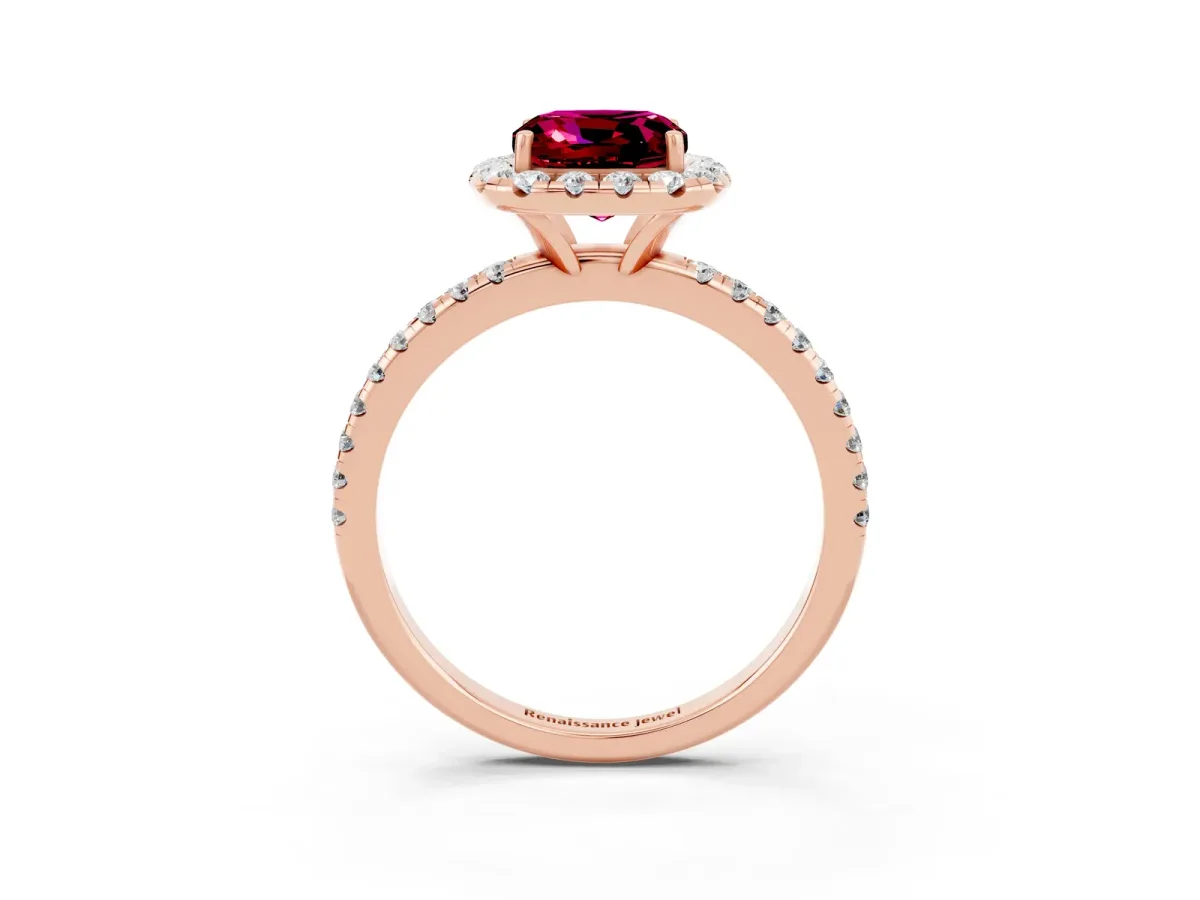 Cushion Cut Garnet Halo Ring with Round Pavé Band and Prong Setting Rose gold
