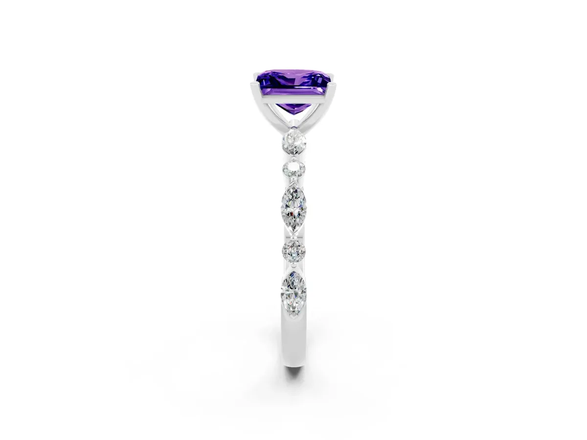 Princess Cut Tanzanite Ring with Marquise and Round Side Stones and Four-Prong Setting White gold