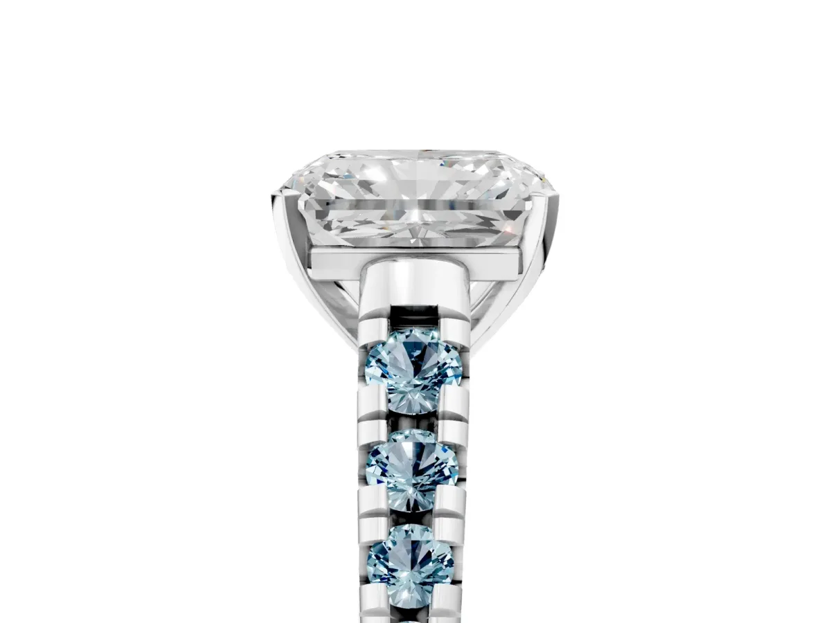 Radiant Cut Diamond Cathedral Solitaire Ring with Round Aquamarine Pavé Band White gold