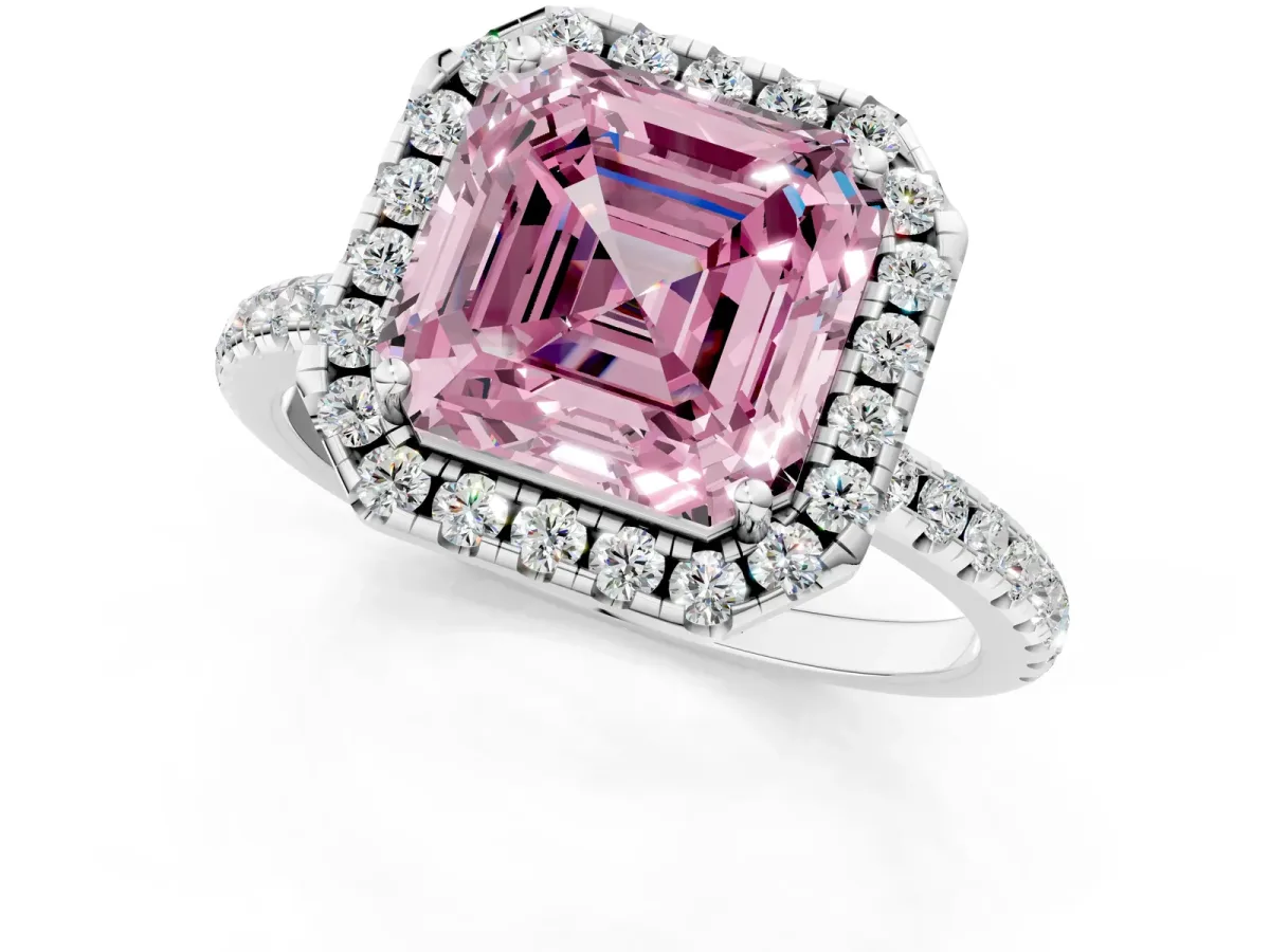 Fancy Pink Asscher Cut Diamond Halo Engagement Ring with Round Pavé Band and Prong Setting Platinum