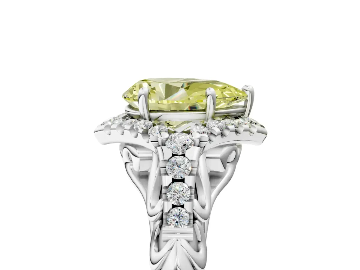 Fancy Yellow Pear Cut Diamond Solitaire Ring with Hidden Halo and Pavé Band White gold