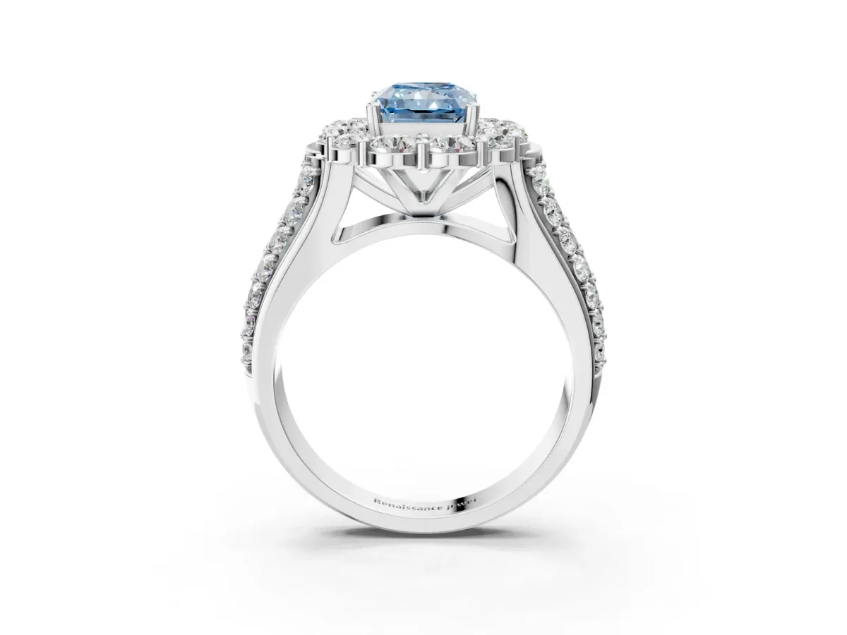 Fancy Blue Radiant Cut Halo Diamond Engagement Ring with Split Shank and Prong Setting Platinum