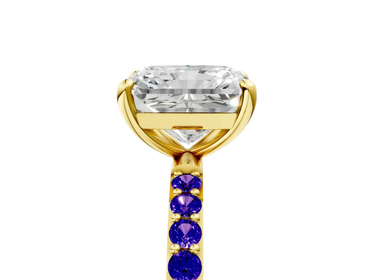 Radiant Cut Diamond Solitaire Ring with Round Tanzanite Pavé Band and Prong Setting Yellow gold