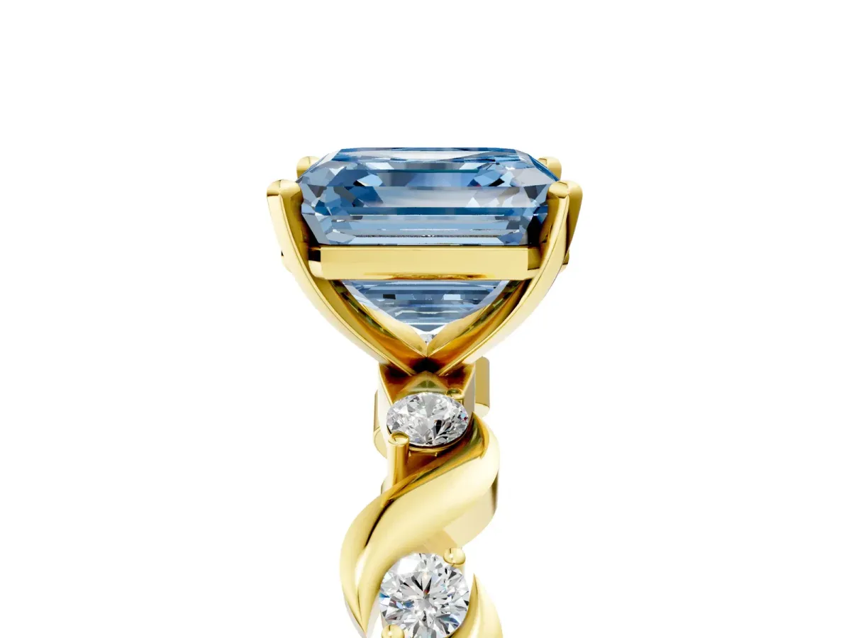 Fancy Blue Asscher Cut Diamond Solitaire Twisted Band with Round Accents and Prong Setting Yellow gold