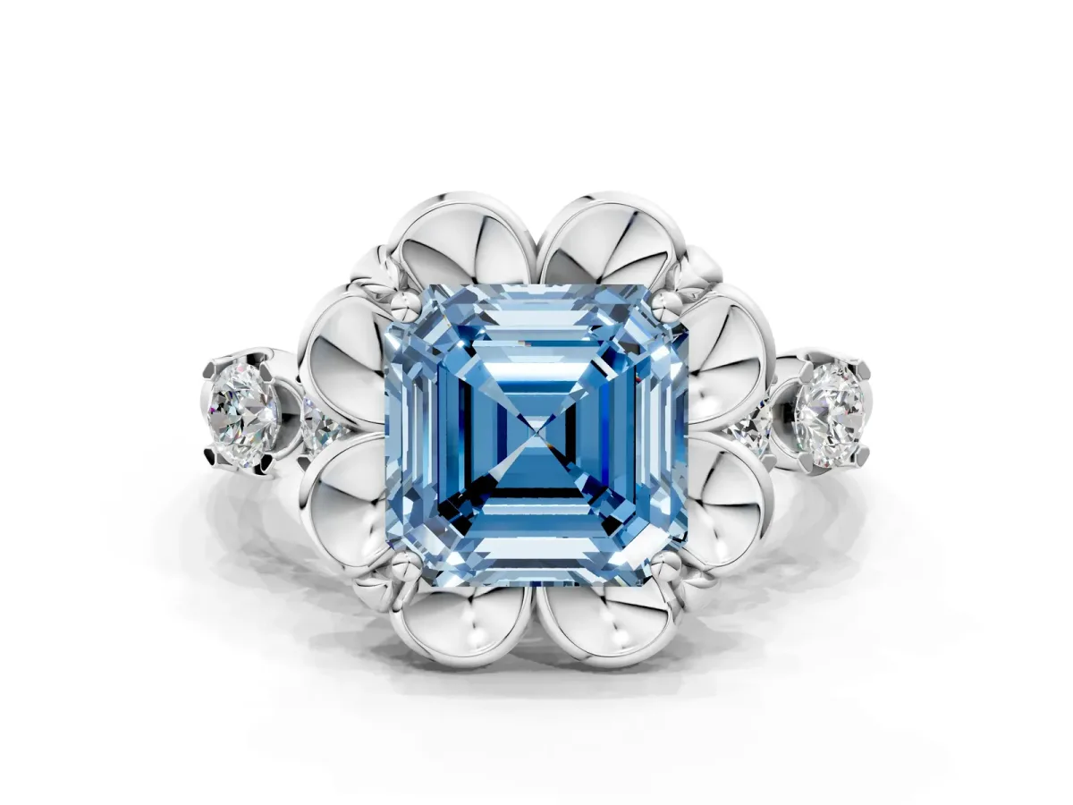Fancy Blue Asscher Cut Cut Diamond Floral Halo Engagement Ring with Shared Prong Setting Platinum