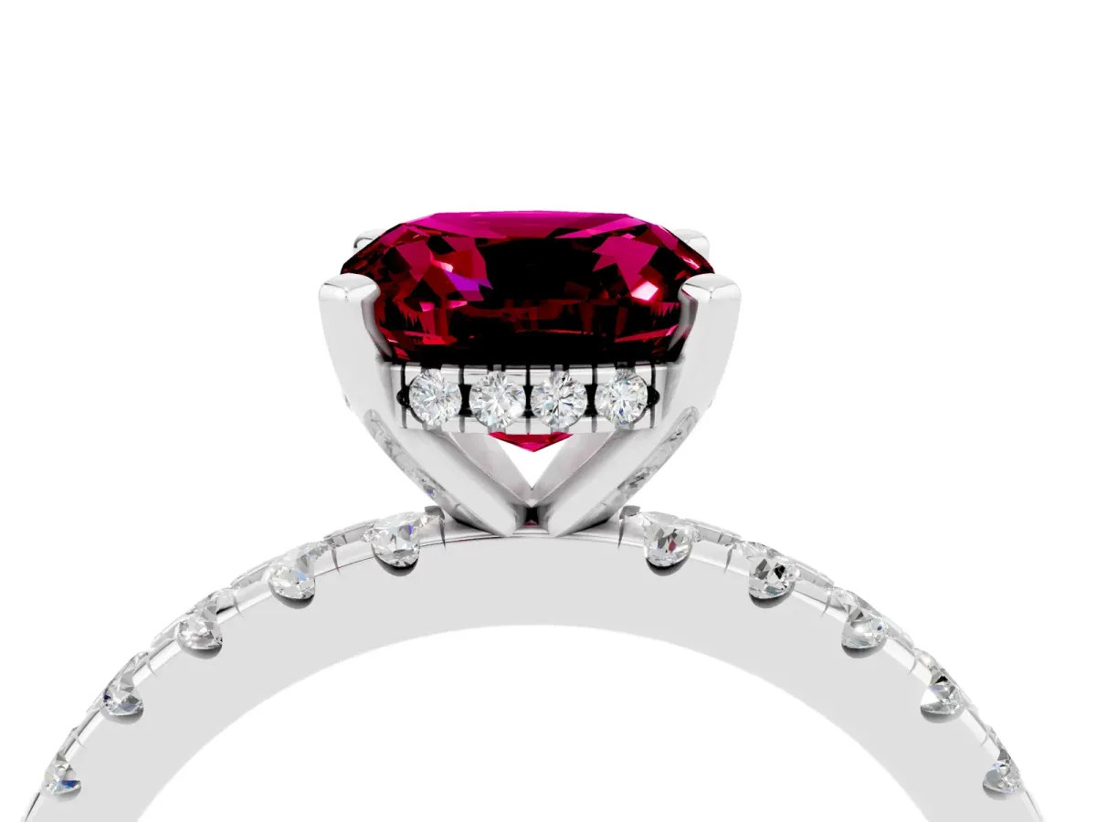 Cushion Cut Garnet Solitaire Ring with Round Pavé Band and Four-Prong Setting Silver