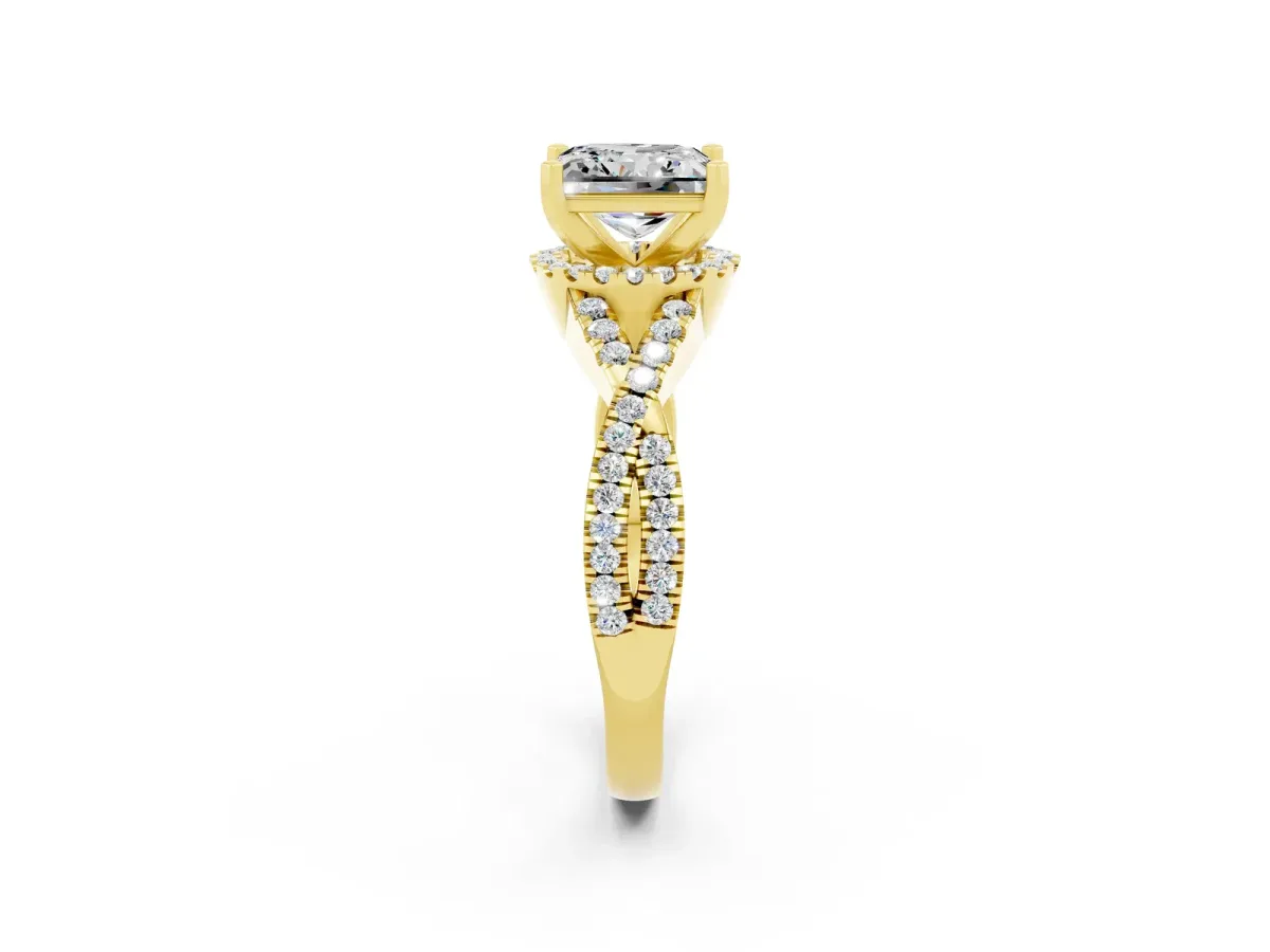 Princess Cut Moissanite Halo Twist Band Solitaire Prong Setting Ring Yellow gold