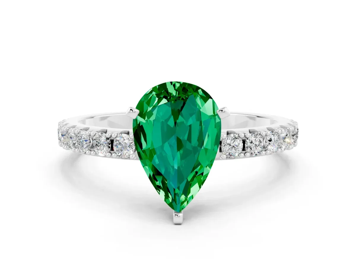 Pear Cut Emerald Solitaire Pavé Band with Four-Prong Setting Platinum