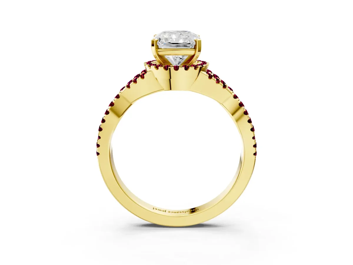 Radiant Cut Diamond Garnet Halo Twist Band Solitaire Prong Setting Ring Yellow gold