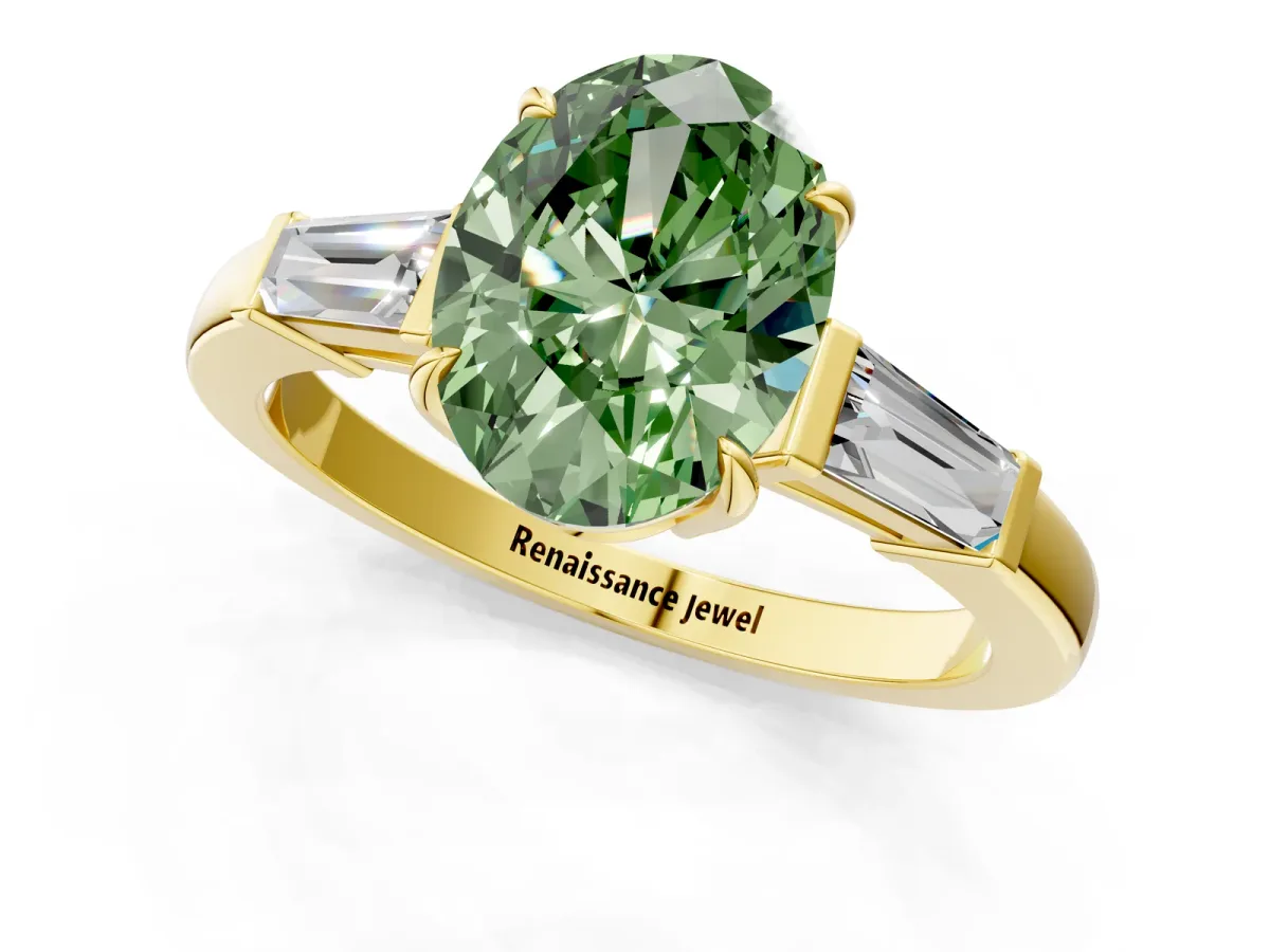 Fancy Green Oval Cut Diamond Three-Stone Ring with Tapered Baguette Side Stones and Prong Setting Yellow gold