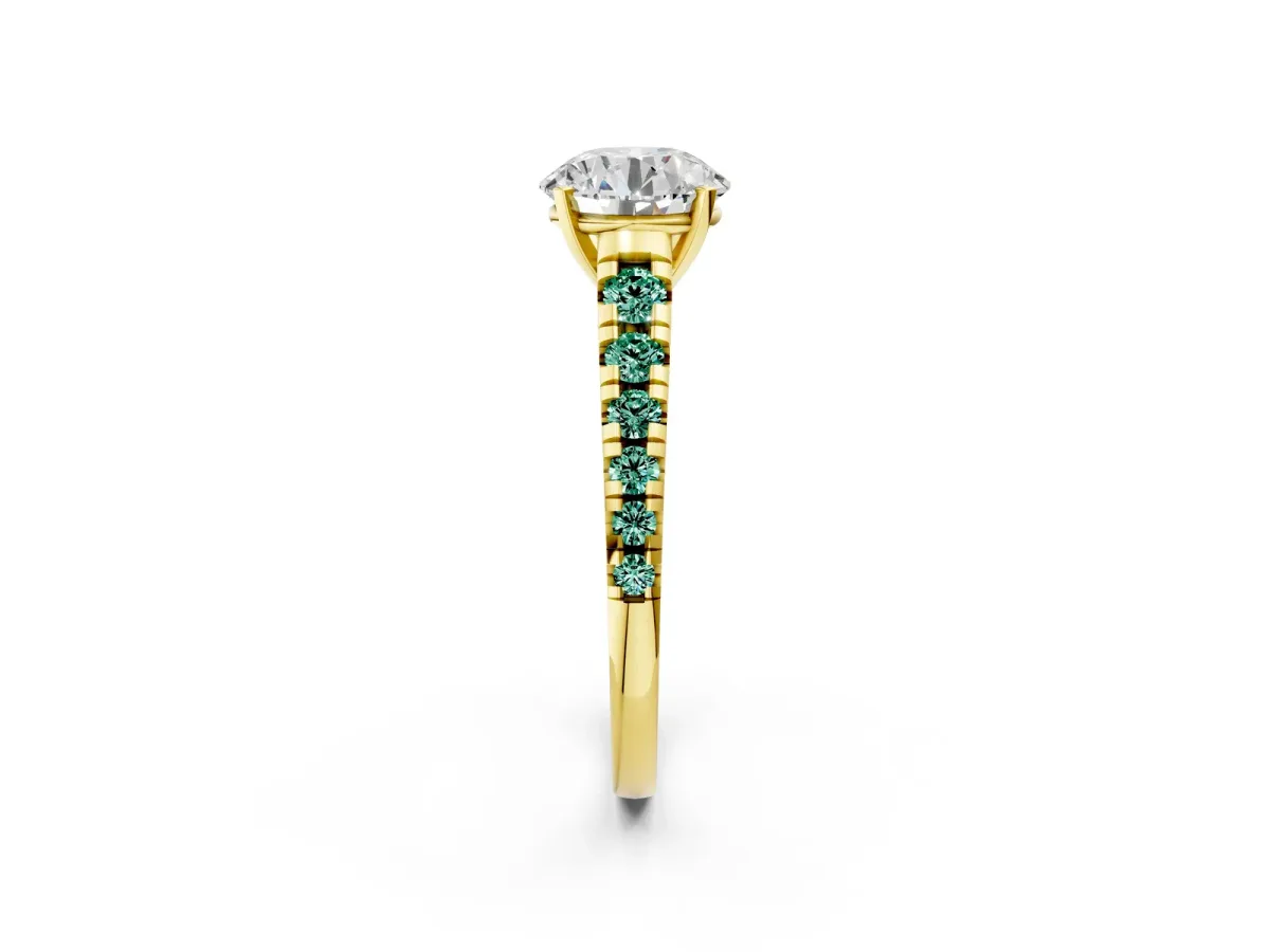 Round Cut Diamond Cathedral Solitaire Ring with Round Green Sapphire Pavé Band Yellow gold