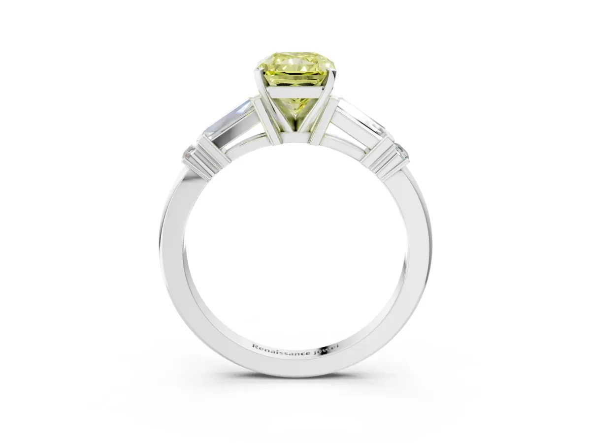 Fancy Yellow Radiant Cut Cut Diamond Ring with Baguette Side Stones, Channel Set Band, and Four-Prong Setting Platinum
