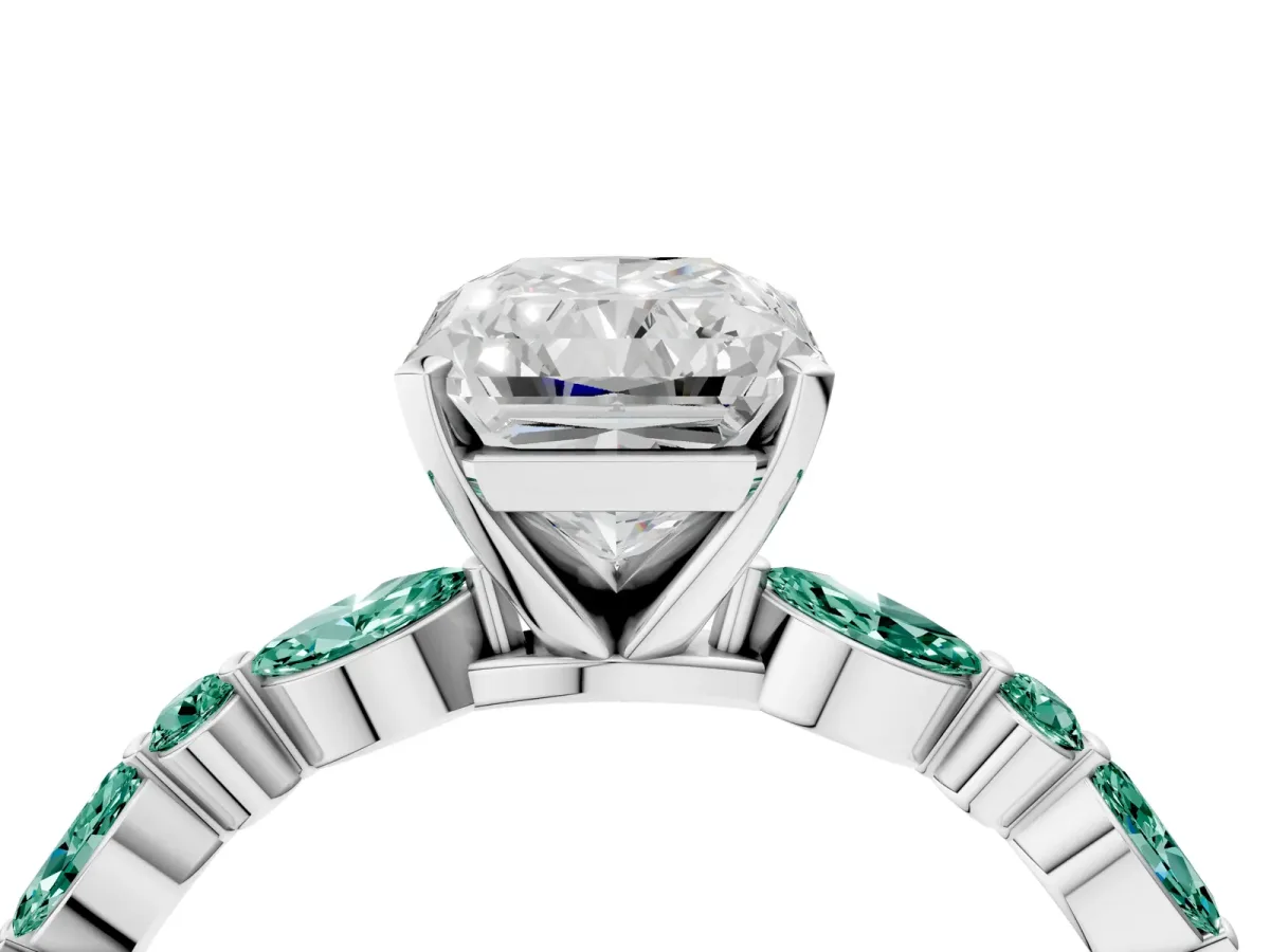 Radiant Cut Diamond Ring with Marquise and Round Green Sapphire Side Stones and Four-Prong Setting Silver