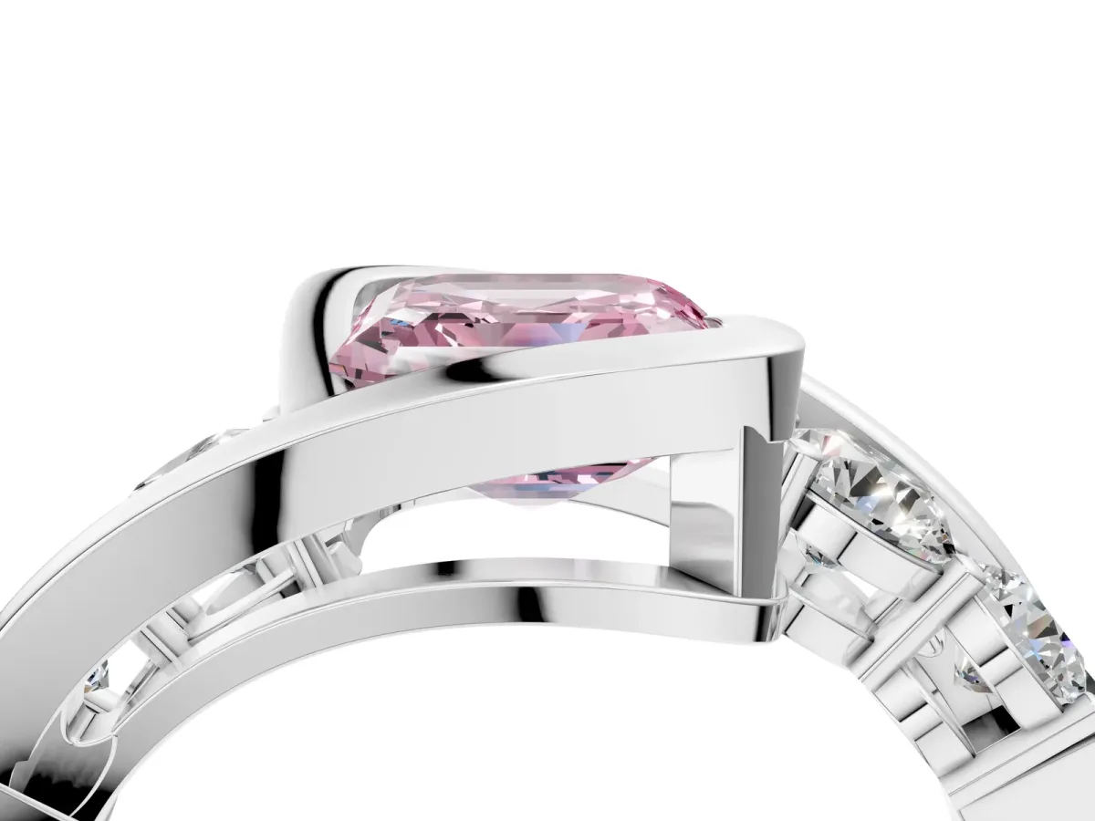 Fancy Pink Bezel Set Asscher Cut Diamond Bypass Ring with Round Accents White gold