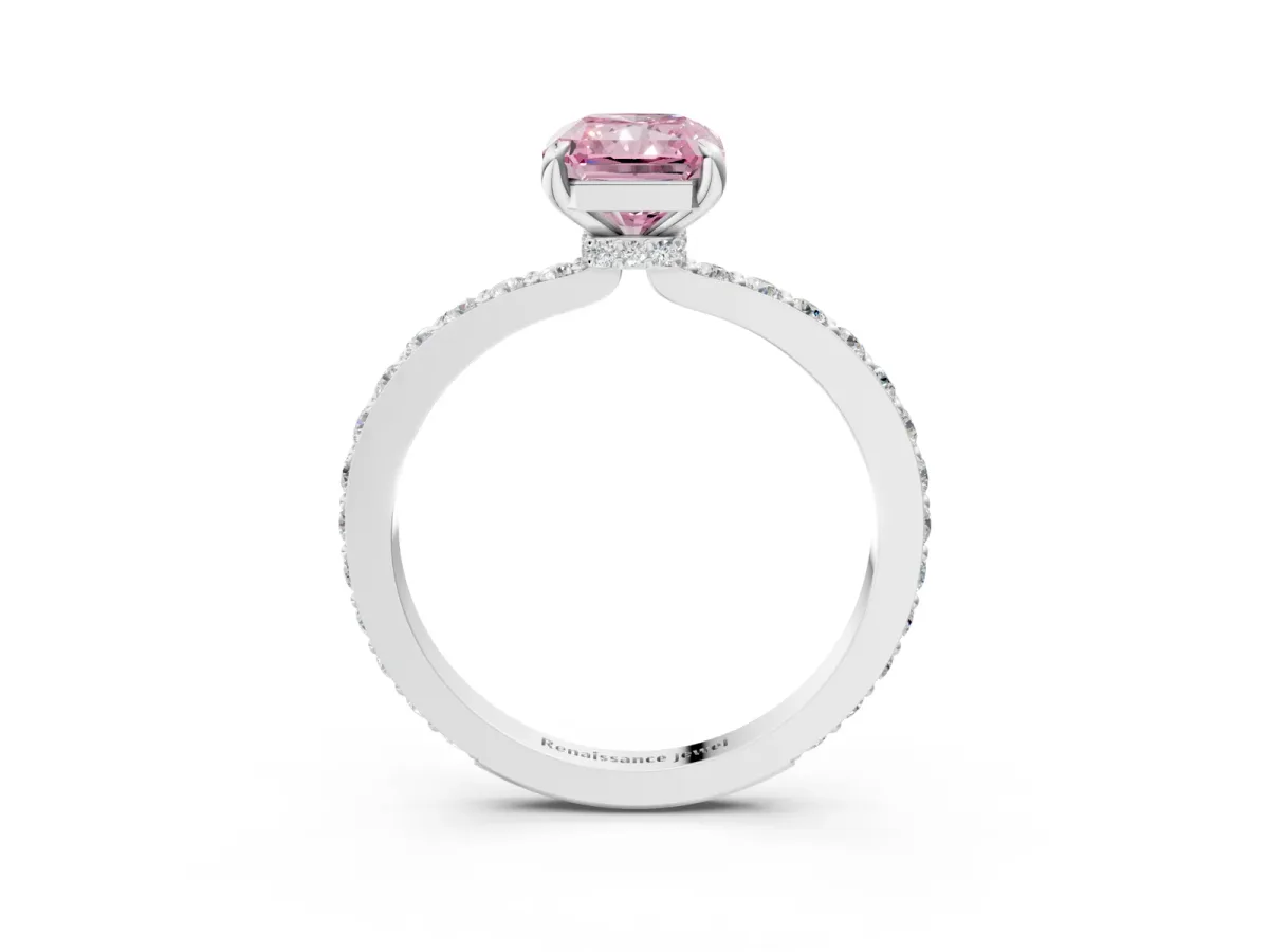 Fancy Pink Radiant Cut Diamond Solitaire Engagement Ring with Pavé Band and Four-Prong Setting White gold