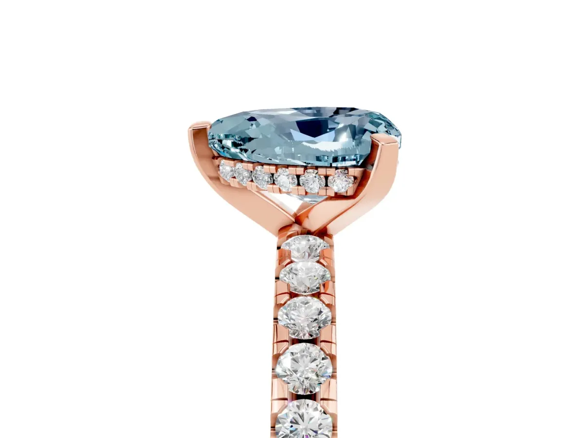 Heart Cut Aquamarine Solitaire Ring with Round Pavé Band and Four-Prong Setting Rose gold
