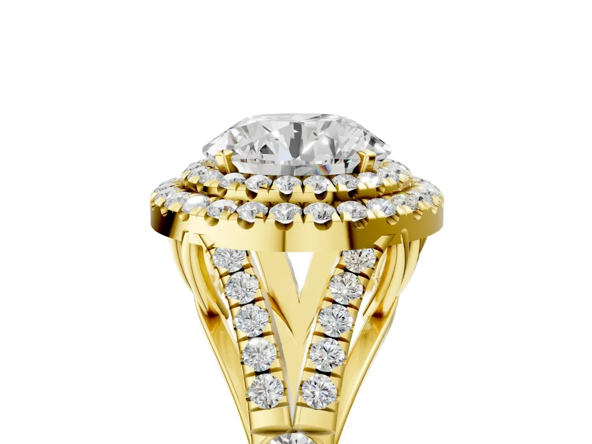 Round Cut Diamond Double Halo Ring with Split Shank and Prong Setting Yellow gold