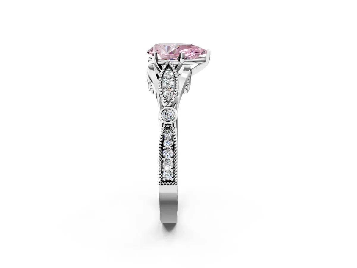 Fancy Pink Pear Cut Cut Diamond with Milgrain Marquise and Bezel Accents on a Solitaire Band with Prong Setting Silver