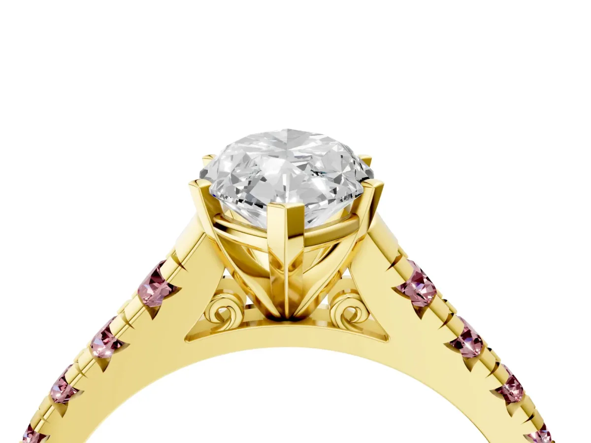 Marquise Cut Diamond Cathedral Solitaire Ring with Round Morganite Pavé Band Yellow gold