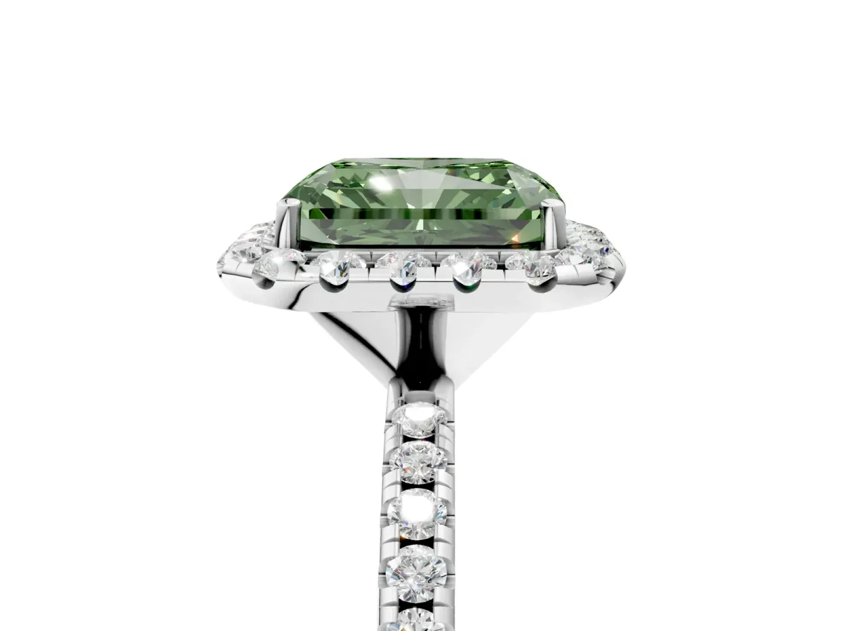 Fancy Green Radiant Cut Diamond Halo Engagement Ring with Round Pavé Band and Prong Setting Platinum
