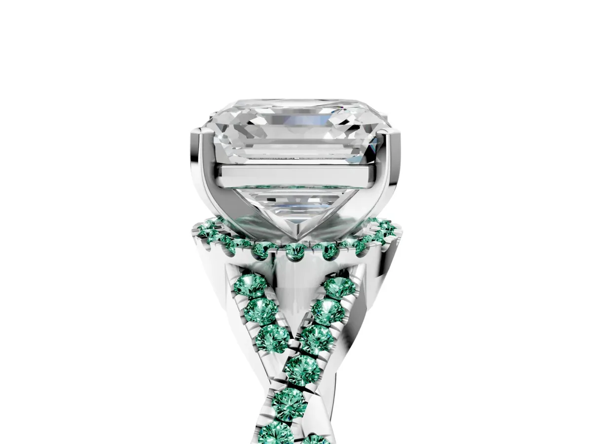 Asscher Cut Diamond Green Sapphire Halo Twist Band Solitaire Prong Setting Ring White gold